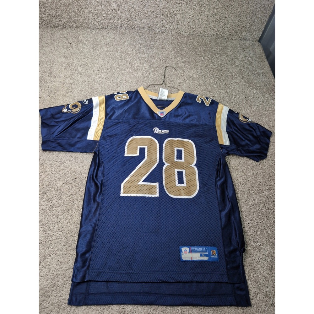 Reebok St Louis Rams Marshall Faulk 28 Jersey Boys Large 14-16 Navy Blue NFL